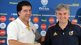 Portugal coach Orlando Duarte (left) and Spain's José Venancio López shake hands on the eve of the final in Debrecen