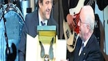 Michel Platini reçoit une récompense de la part du président de la Ligue amateur Carlo Tavecchio et de Giancarlo Abete