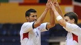 Abdurahim Lajaab (left) and Thomas Sæther celebrate during the 7-3 defeat of Andorra