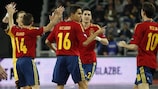 Aicardo (No16) takes the plaudits after putting Spain 2-1 up