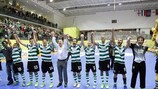Sporting celebrate their dramatic 5-5 draw against Iberia to qualify for the finals