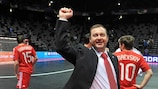 Russia coach Sergei Skorovich raises a fist in celebration