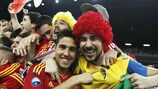 Goalscorer Aicardo celebrates with Spain's fans
