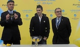 Borislav Mihaylov, David Villa and Àngel Ros perform the draw ceremony at Camp Nou