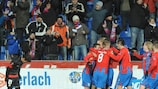 Plzeň celebrate the goal that earned them first place in Group B