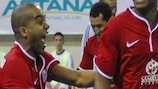 Leo Santana (left) congratulates Fumasa after one of his two goals against Vitebsk