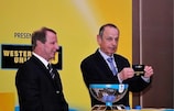Azerbaijan coach Berti Vogts and UEFA's Mikael Salzer conduct the UEFA Futsal Cup draw in Baku