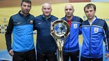 Barcelona's Marc Carmona and Araz's Alesio flanked by captains Torras and Vitaliy Borisov