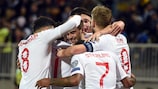 England's Harry Winks (C) celebrates with teammates after scoring a goal during the UEFA Euro 2020 qualifying Group A football match between Kosovo and England in Prishtina on November 17, 2019. (Photo by Robert ATANASOVSKI / AFP) (Photo by ROBERT ATANASOVSKI/AFP via Getty Images)
