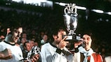 Antonín Panenka kisses the Henri Delaunay trophy following Czechoslovakia's defeat of West Germany in the 1976 UEFA European Championship final