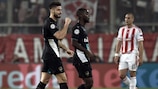 Olivier Giroud celebrates his hat-trick during Arsenal's 2015 win at Olympiacos