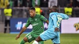 Arnaud Nordin of Saint-Étienne (left) views with Jérôme Roussillon of Wolfsburg on Matchday 2