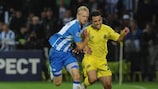 OB's Anders Møller Christensen looks to rein in Villarreal striker Giuseppe Rossi