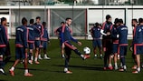 Olympiacos players train on Tuesday