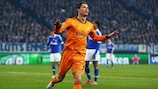 Cristiano Ronaldo celebrates one of his two goals for Real Madrid at Schalke in 2013/14