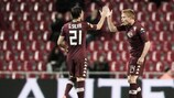 Gastón Silva (left) celebrates with Alessandro Gazzi after making it 5-1