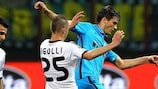 Qarabağ's Ansi Agolli confronts Inter's Marco Andreolli