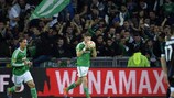 St-Étienne's Ricky van Wolfswinkel celebrates his equaliser against Qarabağ