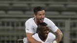 Kehinde Fatai celebrates with Gabriel Enache after scoring Astra's equaliser in Lyon last week