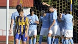 Malmö celebrate Isaac Kiese Thelin's decisive strike at Ventspils
