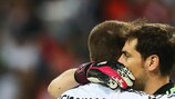 Madrid's Sergio Ramos and Iker Casillas celebrate victory against Bayern