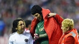 Petr Čech is escorted from the pitch in Madrid
