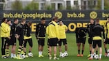 Jürgen Klopp speaks to his Dortmund squad in training on Monday