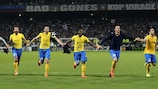 Juventus celebrate their first-leg success in France