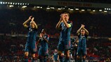 Bayern players acknowledge their draw at Old Trafford