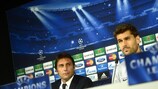 Fernando Llorente (right) addresses the media alongside Juventus coach Antonio Conte