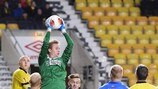 Goalkeeper Frederik Rønnow claims a high ball for Esbjerg