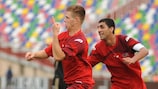 Mikhail Gorelishvili (left) and Irakli Modebadze celebrate a goal against AaB