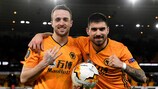 Wolves pair Diogo Jota  and Rúben Neves celebrate at full time against Espanyol 