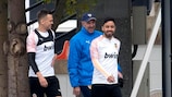 Denis Cheryshev  and Jaume Costa arrive for  Valencia' s Monday training session