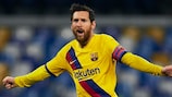 lionel messi celebrates after scoring against napoli in the round of 16