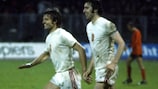 Ladislav Jurkemik and Anton Ondruš celebrate Czechoslovakia's UEFA EURO 1976 victory over the Netherlands 
