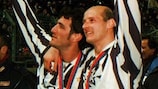 Ciro Ferrara and Attilo Lombardo celebrate winning the 1996 UEFA Super Cup with Juventus