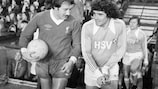 Liverpool's Jimmy Case and Hamburg's Kevin Keegan ahead of the 1977 UEFA Super Cup second leg at Anfield. 