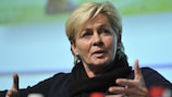 Silvia Neid talks at the UEFA Women's National Team Coaches Conference in Nyon
