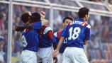 France celebrate their equaliser, scored by Jean Pierre Papin (No9)