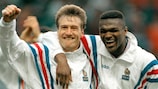 Didier Deschamps and Marcel Desailly celebrate France's shoot-out win