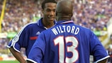 Thierry Henry and Sylvain Wiltord celebrate against Denmark