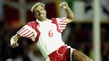 Denmark's Kim Christofte celebrates after scoring the decisive penalty in their semi-final against the Netherlands