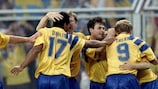 Sweden celebrate Tomas Brolin's goal against Denmark