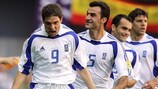 Angelos Charisteas (left) celebrates after scoring the equaliser