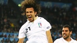 Andrea Pirlo leaps with joy after scoring from the penalty spot