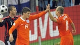 Klaas-Jan Huntelaar celebrates his goal with Arjen Robben