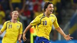 Zlatan Ibrahimović of Sweden celebrates scoring the opening goal against Greece