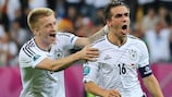 Marco Reus and Philipp Lahm celebrate the latter's opener against Greece