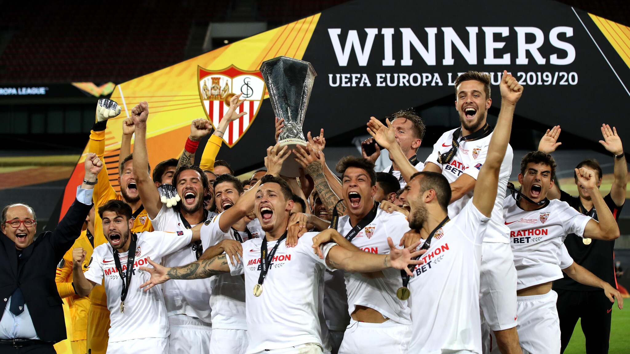 2020 UEFA Cup and Europa League winners Sevilla. UEFA Europa League winners Sevilla 2016. UEFA Europa League winners Sevilla 2019-20. 2014 UEFA Cup and Europa League winners Sevilla.